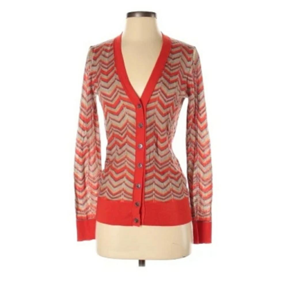 Loft XS Long‎ Sleeve Cardigan Top Shirt Orange Gray